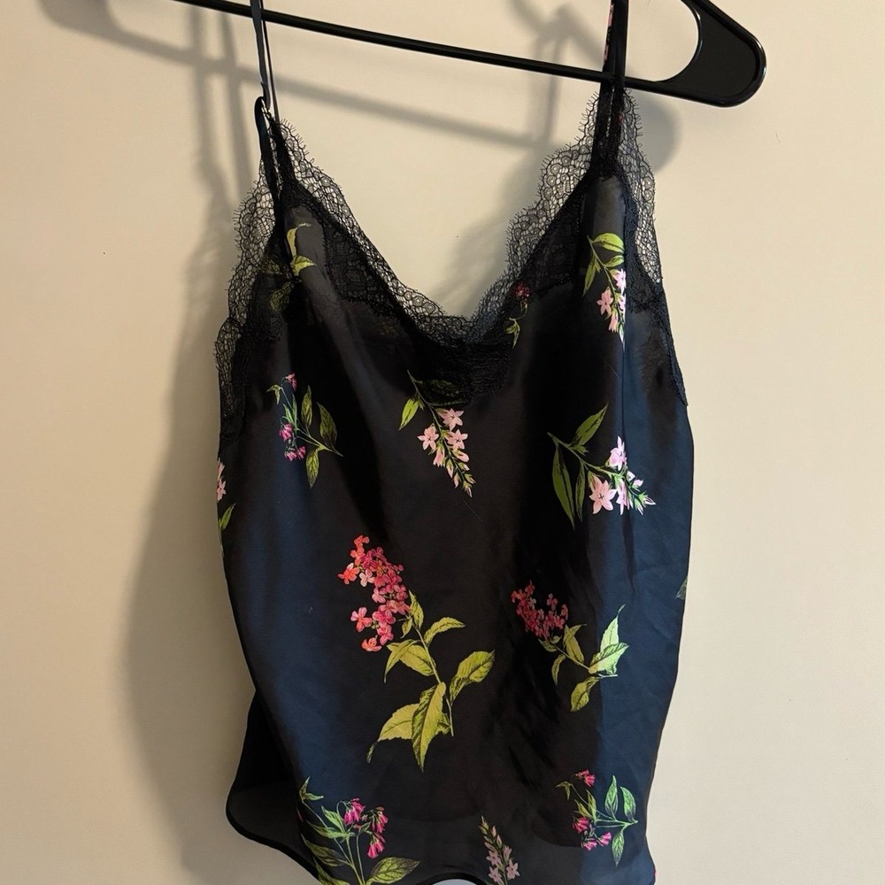 Black floral lace trim camisole top M
